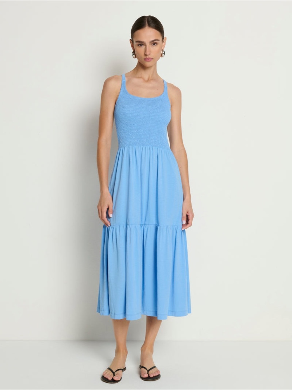 NWT Nation LTD Penelope Smocked Midi Dress M Laguna Blue Pima Cotton